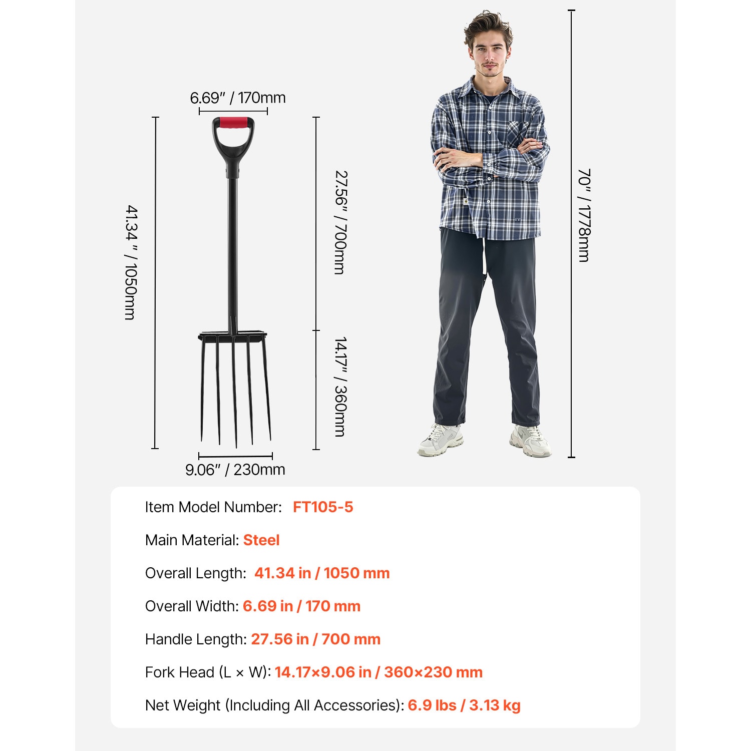 5 Tines Garden Fork Tool Metal Handle 41 In Spading Pitchfork Y Grip Heavy Duty_voghion.com